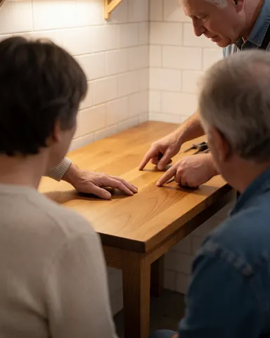 Une cliente examine une table en bois aux côtés d'un menuisier. Leurs mains et des outils sont visibles sur fond de murs carrelés blancs, dans un environnement chaleureux.
