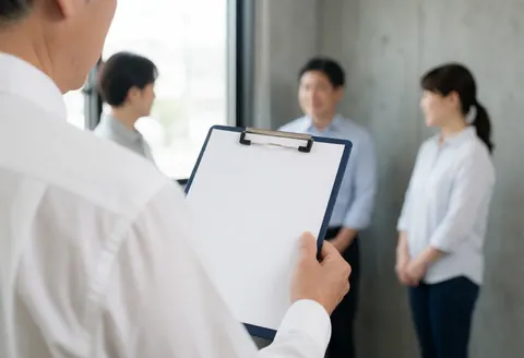 Un professionnel des ressources humaines examine un classeur avec des feuilles blanches dans une bureau en béton éclairé par la lumière naturelle.