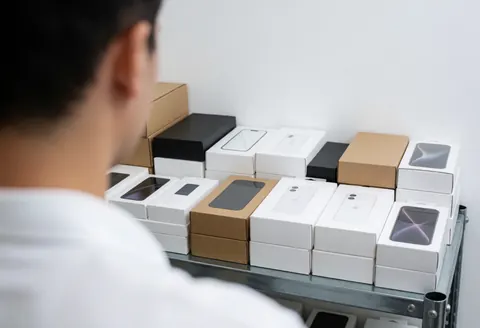 Vue arrière d'une personne regardant des boîtes de téléphones et accessoires rangés sur une étagère métallique, mur blanc, environnement propre et professionnel.