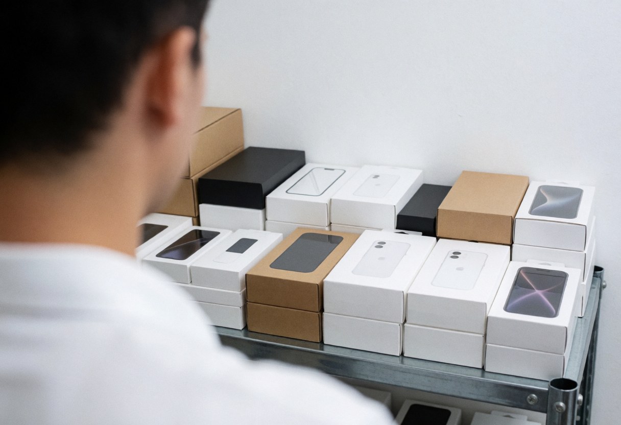 Vue arrière d'une personne regardant des boîtes de téléphones et accessoires rangés sur une étagère métallique, mur blanc, environnement propre et professionnel.