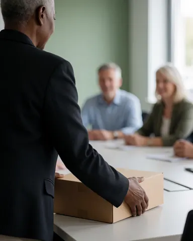 Vue d'un kit d'accueil professionnel disposé sur une table en bois, comprenant des documents, une boîte de bienvenue et des fournitures pour le recrutement.