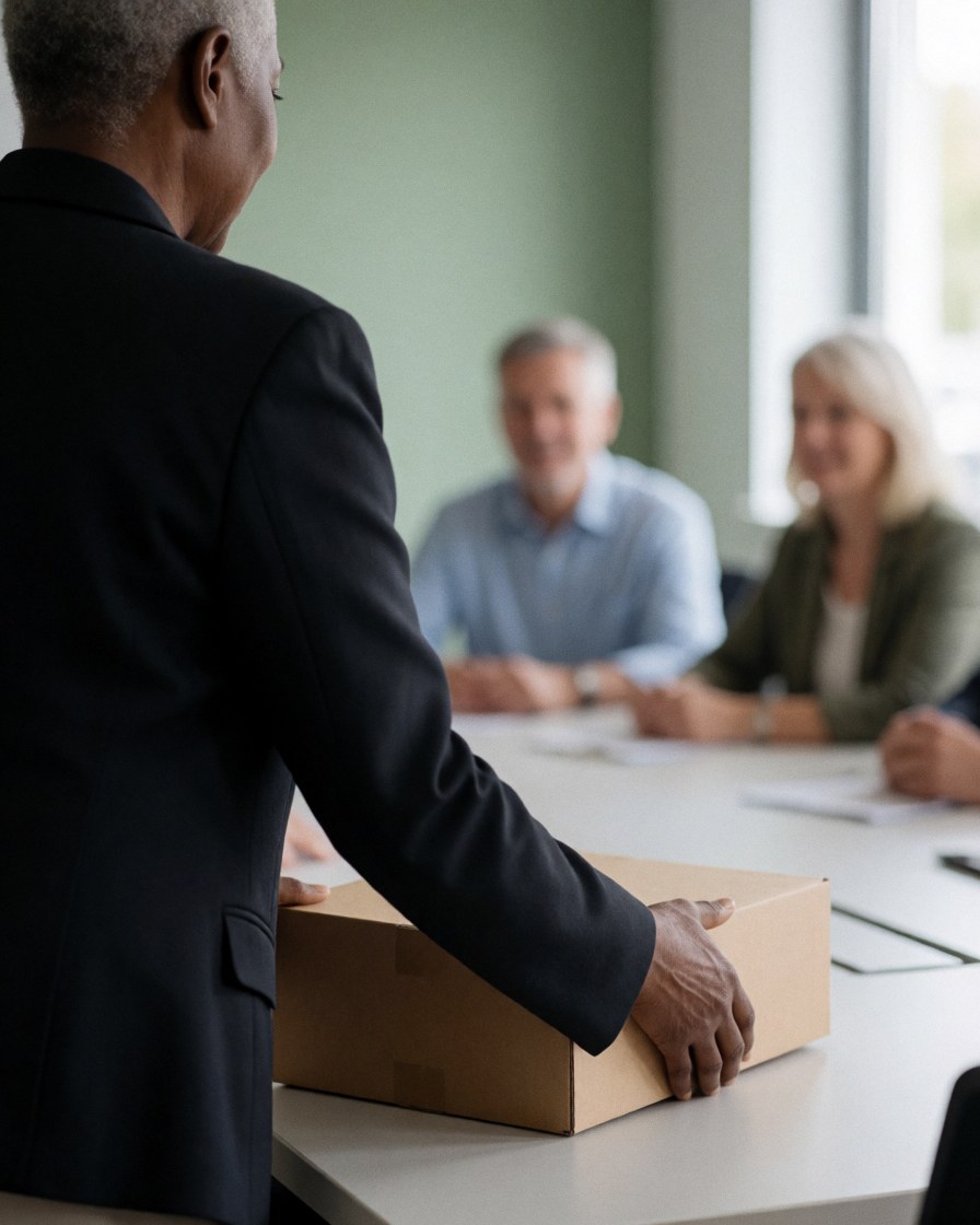 Vue d'un kit d'accueil professionnel disposé sur une table en bois, comprenant des documents, une boîte de bienvenue et des fournitures pour le recrutement.