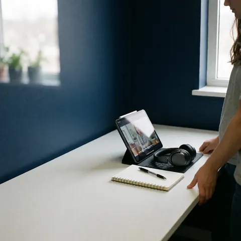 Vue de dessus d'un bureau avec une tablette, des écouteurs, un cahier et un stylo devant une fenêtre.