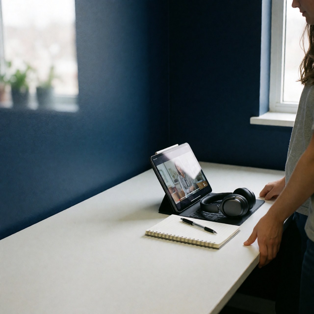 Vue de dessus d'un bureau avec une tablette, des écouteurs, un cahier et un stylo devant une fenêtre.