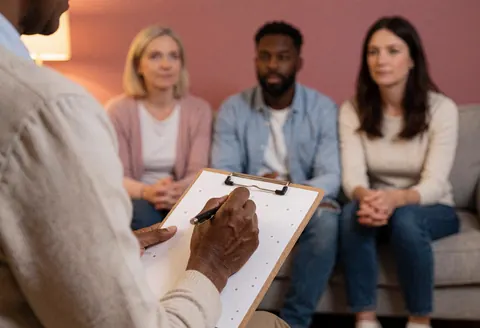 Un psychologue prend des notes dans un carnet tandis que trois clients écoutent attentivement sur un canapé, dans un cadre chaleureux et sécurisant aux murs rosés.
