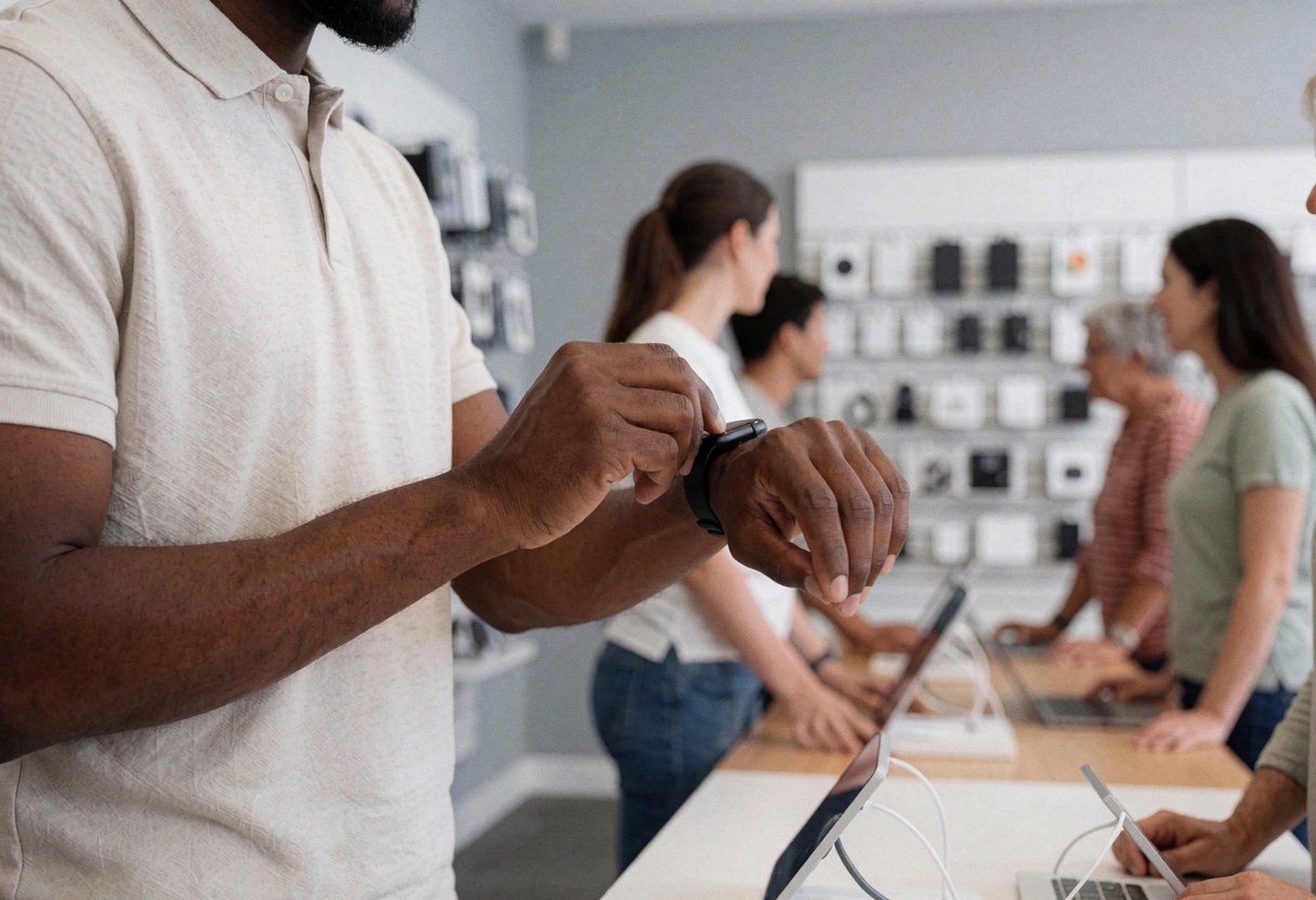Un vendeur ajuste un montre connectée dans une boutique de technologie avec des clients utilisant des appareils en arrière-plan.