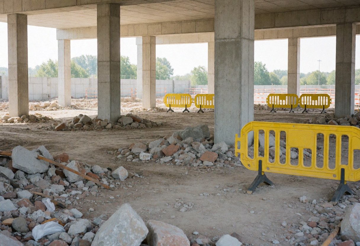 Vue d'un chantier en cours montrant des piliers en béton, des barrières de sécurité, des débris et du sol terreux typiques d'une zone de travaux publics ou privés.