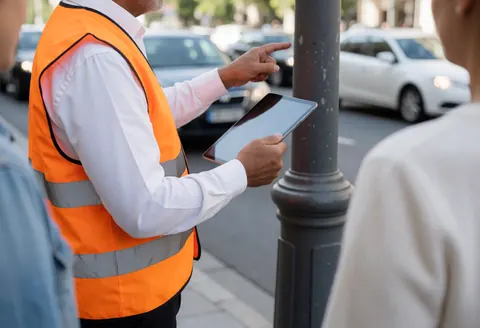 Vue latérale d'un inspecteur portant un gilet orange vérifiant un poteau de rue avec une tablette lors d'une inspection urbaine en journée.