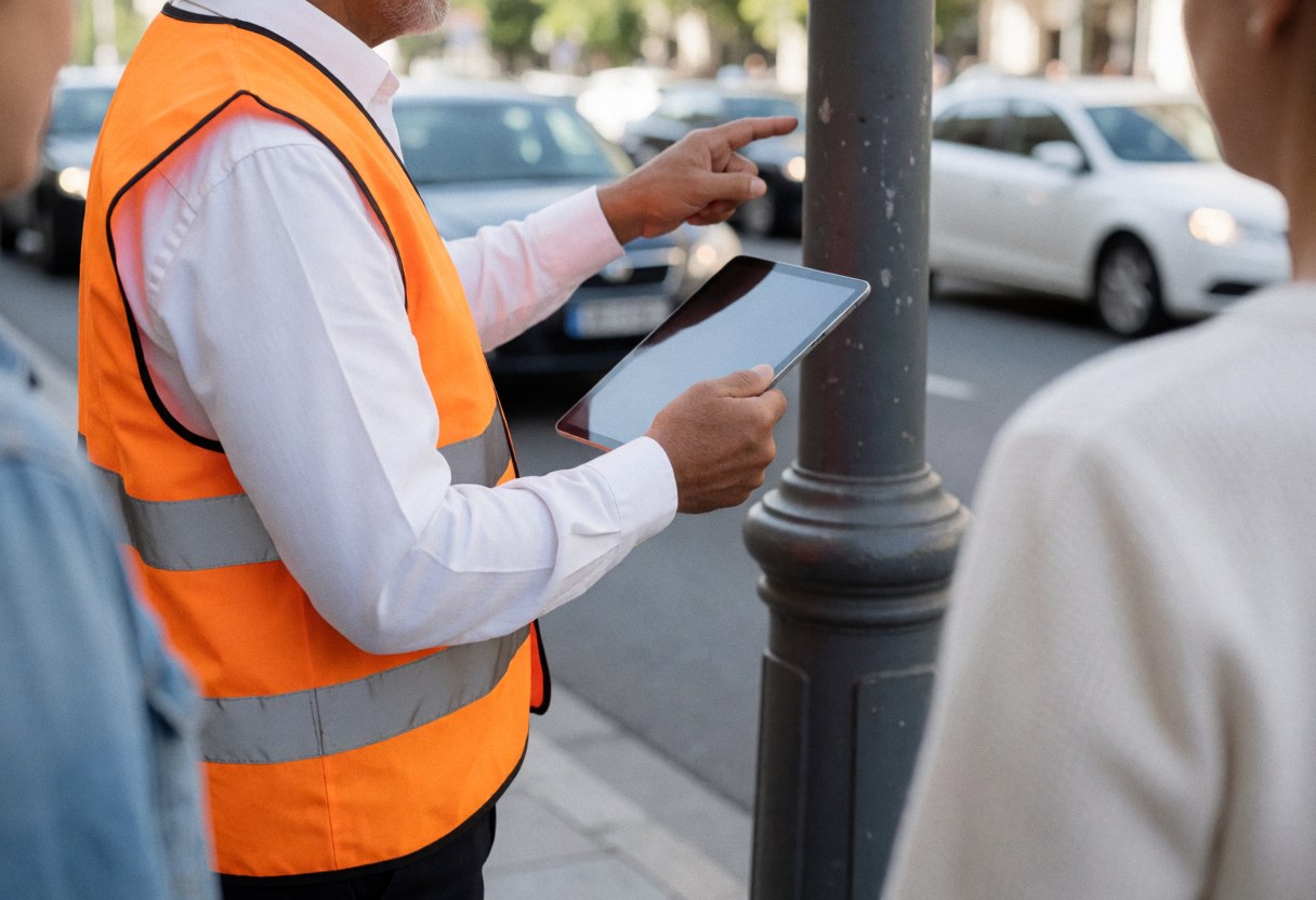 Vue latérale d'un inspecteur portant un gilet orange vérifiant un poteau de rue avec une tablette lors d'une inspection urbaine en journée.