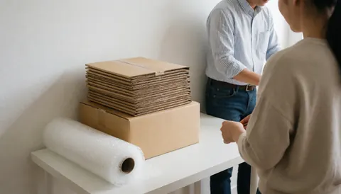 Deux personnes emballent des produits sur une table blanche avec des boîtes et du papier bulle, dans un environnement de travail ordonné et naturel.