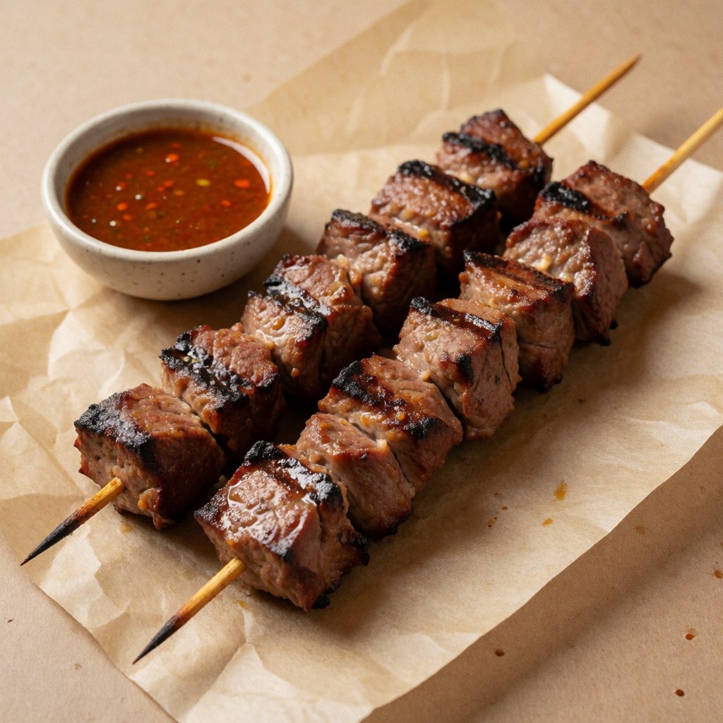 Des brochettes de viande grillée présentées sur une feuille de papier brun, accompagnées d'une sauce piquante rouge, typique de la street food péruvienne.