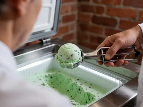 Un cône de glace à la menthe parsemé de copeaux de chocolat est servi à l'aide d'une cuillère en métal, posé sur un réfrigérateur en acier inoxydable devant un mur de briques rouges.