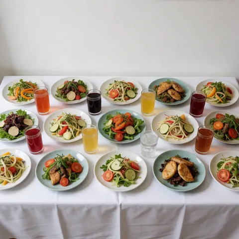 Table blanche présentant des assiettes de salades et diverses boissons, nourriture fraîche et colorée adaptée à un food truck ou restaurant sain.