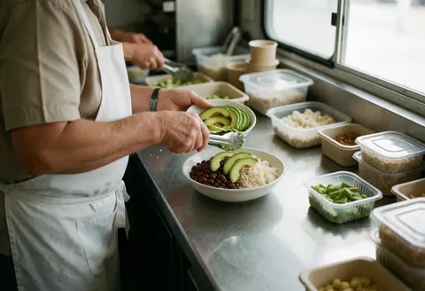 Un cuisinier ajoute des tranches d'avocat sur un plat de riz et haricots avec des pinces, montrant une cuisine propre et professionnelle.