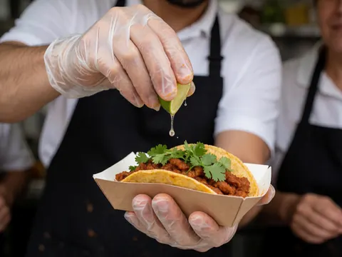 Détail d'un taco al pastor garni de citron et de coriandre fraîche, préparé dans un food truck.