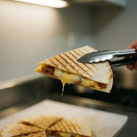 Quesadilla triangulaire avec du fromage fondu soulevée par des pinces, tortilla grillée sur fond de cuisine flou et éclairage chaleureux.