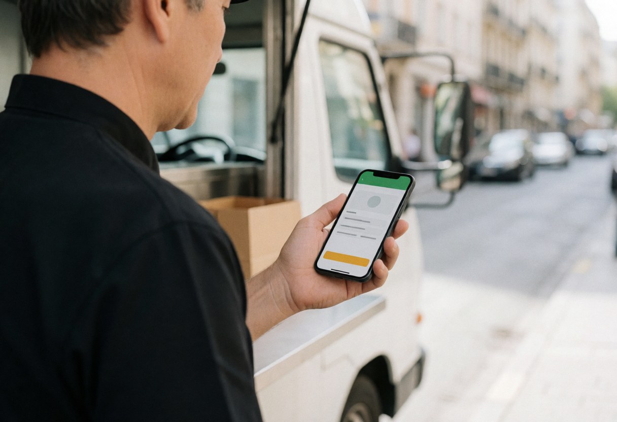 Un travailleur de food truck confirme une commande via son smartphone dans un cadre urbain réaliste, illustrant le service en action pour les entreprises.