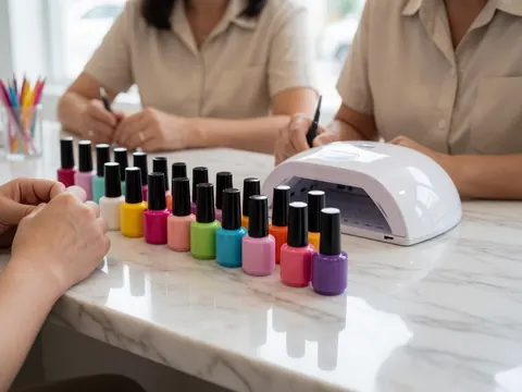 Des pots de gel à ongles aux couleurs vives posés sur une table en marbre blanc, avec une lampe uv blanche et des mains travaillant en arrière-plan.