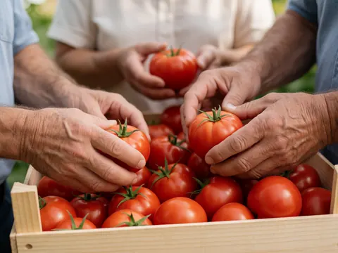 Des mains d'adultes sélectionnent des tomates rouges fraîches dans une caisse en bois sous lumière naturelle, illustrant l'agriculture biologique.