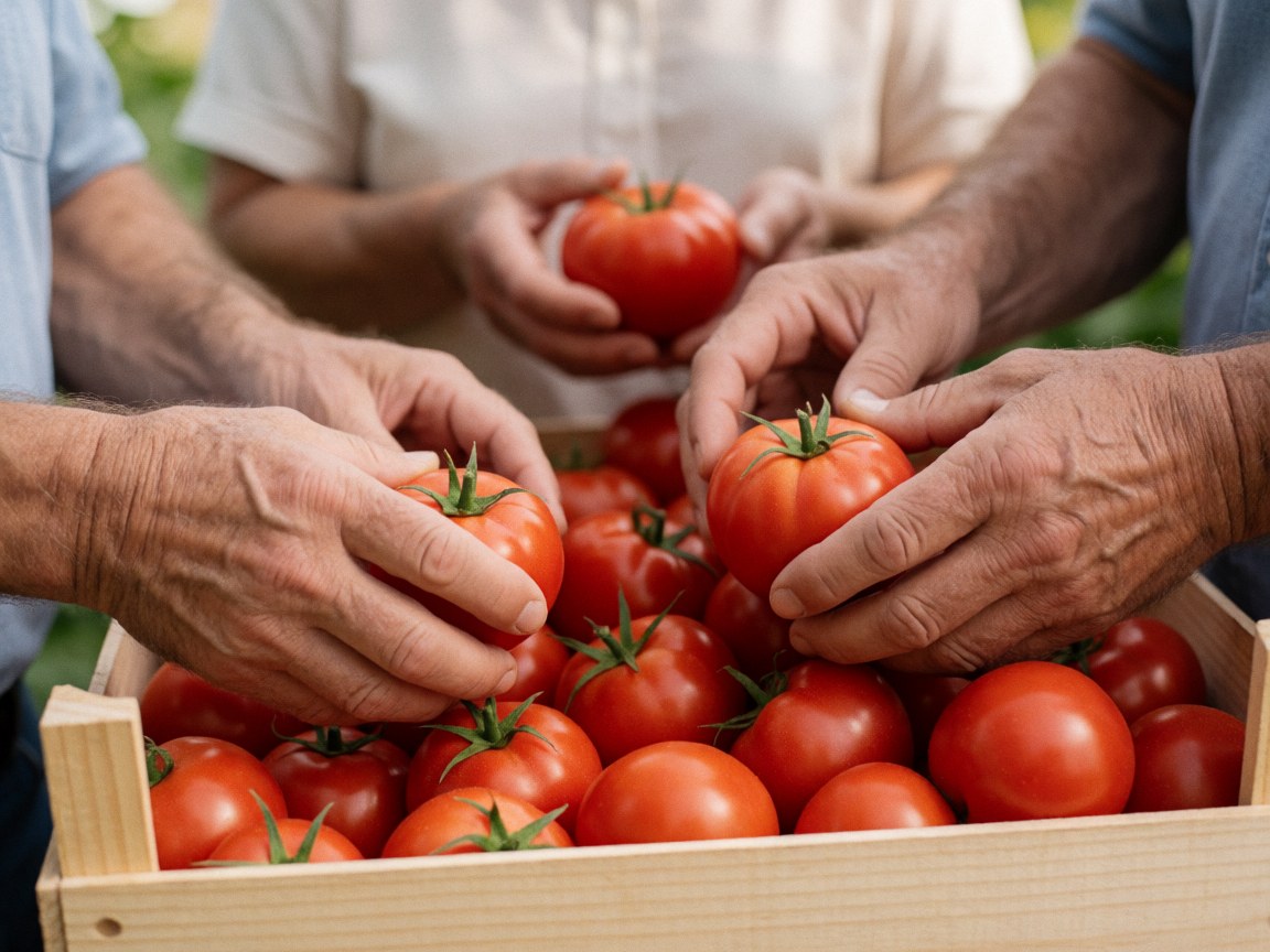 Des mains d'adultes sélectionnent des tomates rouges fraîches dans une caisse en bois sous lumière naturelle, illustrant l'agriculture biologique.