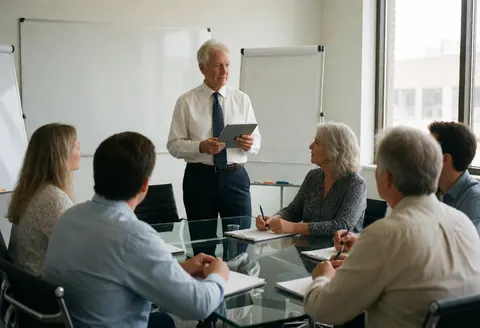 Un consultant senior montre des données sur une tablette à une équipe lors d'une réunion dans un bureau moderne avec tableaux blancs et tables en verre.