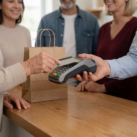 Une cliente paie avec sa carte sur un terminal de paiement. Un caissier souriant tend une pochette en papier sur un comptoir en bois, créant une ambiance chaleureuse et professionnelle.