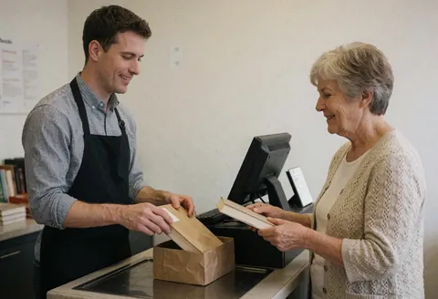 Un employé de librairie emballe soigneusement un livre au comptoir tandis qu'une cliente sourit, créant une scène chaleureuse et professionnelle.