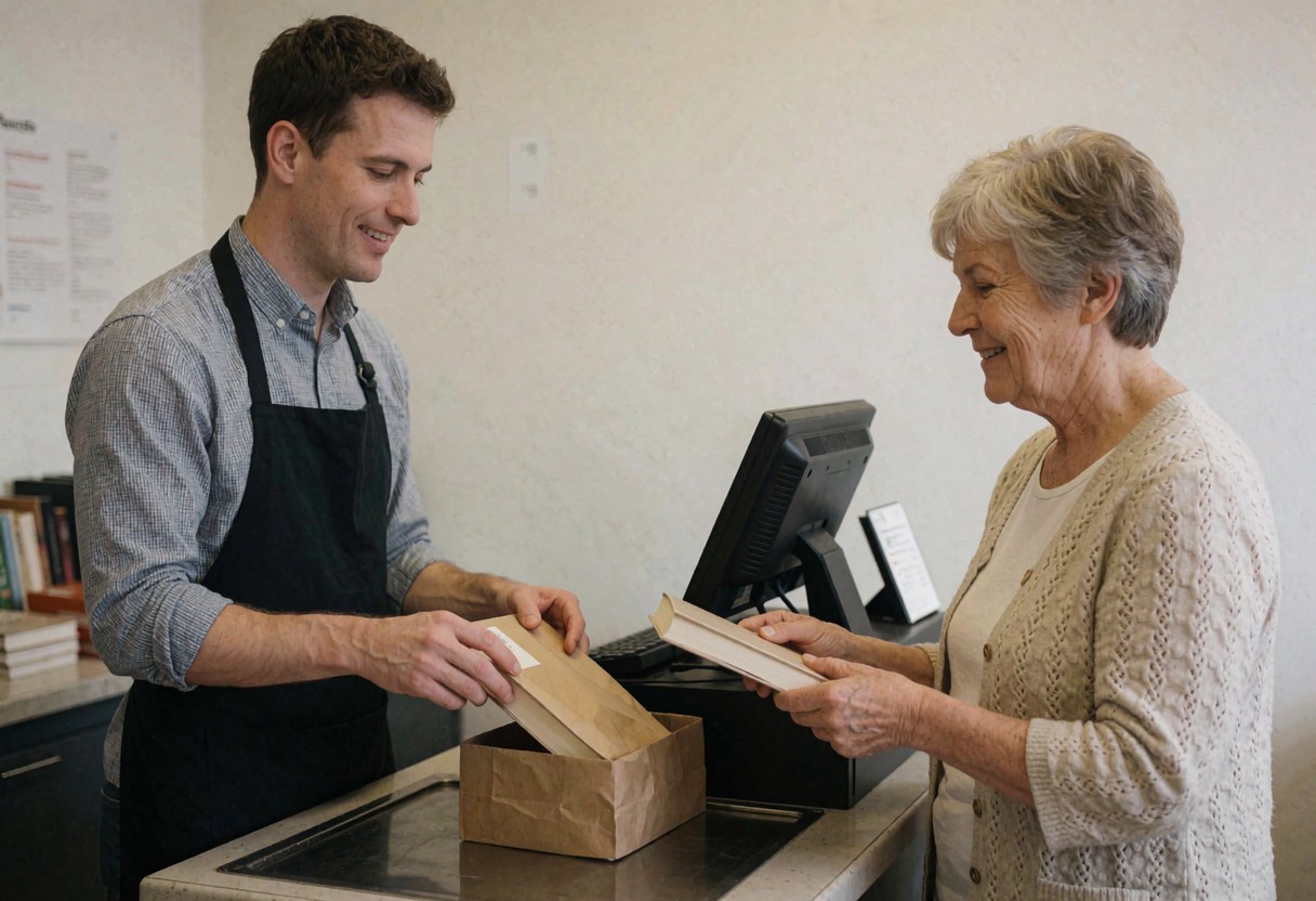 Un employé de librairie emballe soigneusement un livre au comptoir tandis qu'une cliente sourit, créant une scène chaleureuse et professionnelle.