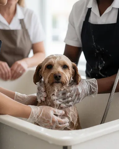 Toilettier en gants transparents lave un petit chien dans une baignoire blanche avec du savon et de l'eau, dans un environnement propre et professionnel.