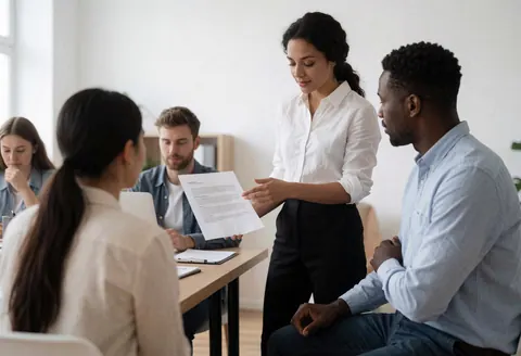 Un consultant présente un document à un client dans un bureau moderne avec d'autres professionnels travaillant, éclairage naturel.