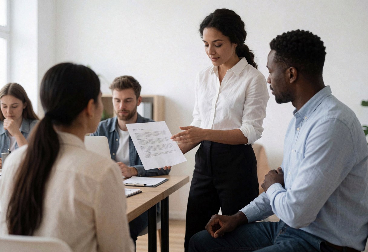 Un consultant présente un document à un client dans un bureau moderne avec d'autres professionnels travaillant, éclairage naturel.