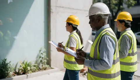 Trois inspecteurs portant casques et gilets de sécurité examinent des documents sur un chantier extérieur en plein soleil.