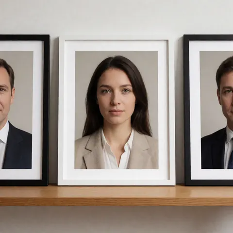 Plusieurs portraits photographiques encadrés disposés de manière ordonnée sur les étagères d'une bibliothèque en bois, dans un cadre neutre et professionnel.