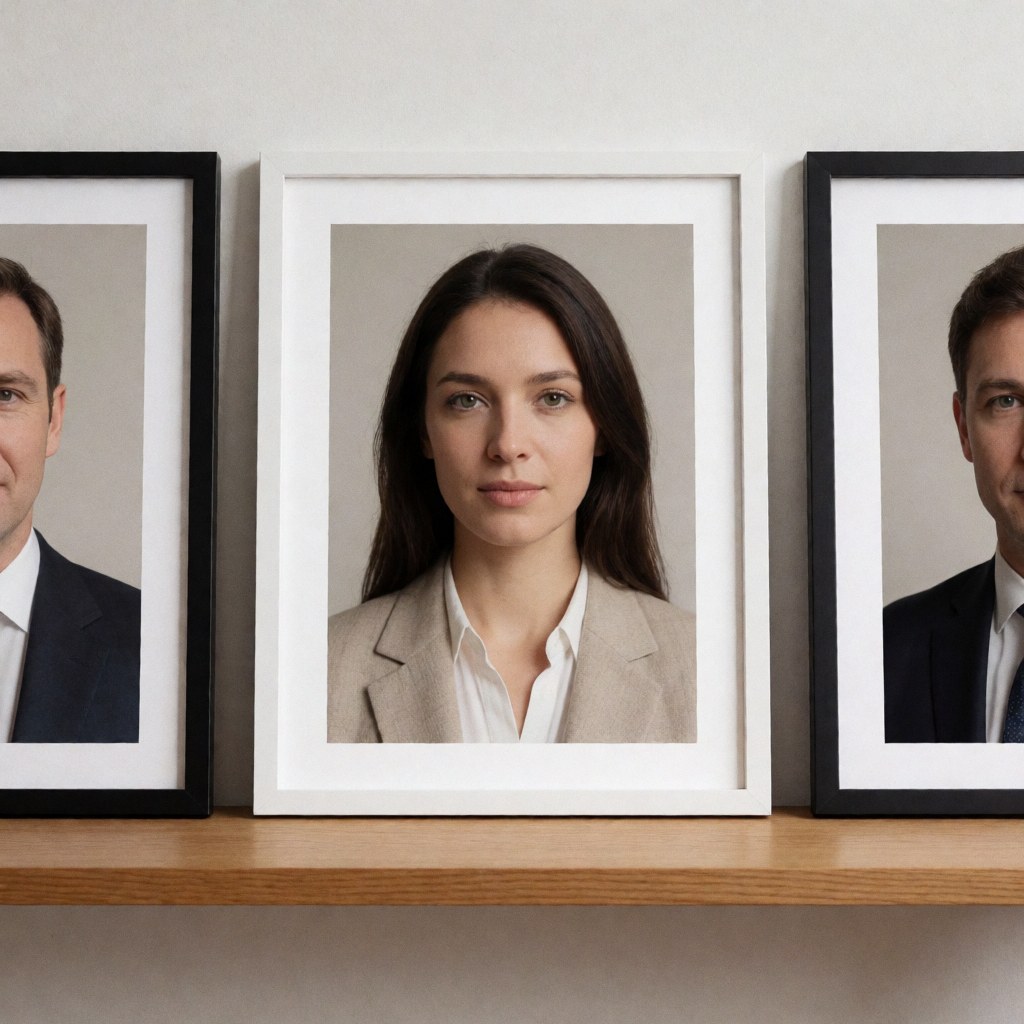 Plusieurs portraits photographiques encadrés disposés de manière ordonnée sur les étagères d'une bibliothèque en bois, dans un cadre neutre et professionnel.