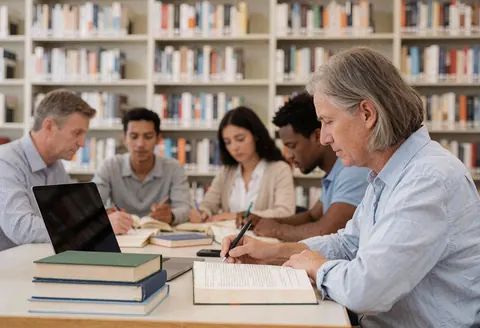 Une personne âgée étudie tranquillement en consultant ses notes et son ordinateur dans un environnement calme de bibliothèque universitaire.