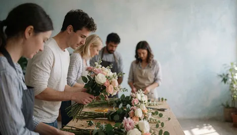Une équipe de fleuristes travaille dans un studio baigné de lumière naturelle, arrangeant des fleurs avec des outils sur une table en bois.