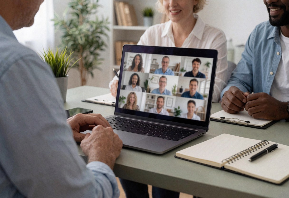 Personne en bureau utilisant un ordinateur portable pour une visioconférence avec des clients, carnet et plantes sur le bureau, ambiance professionnelle et ordonnée.