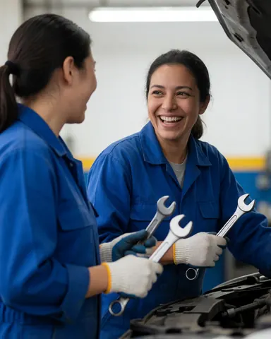 Deux mécaniciennes en uniforme bleu et gants de travail, souriantes, utilisant des clés dans un atelier bien éclairé.