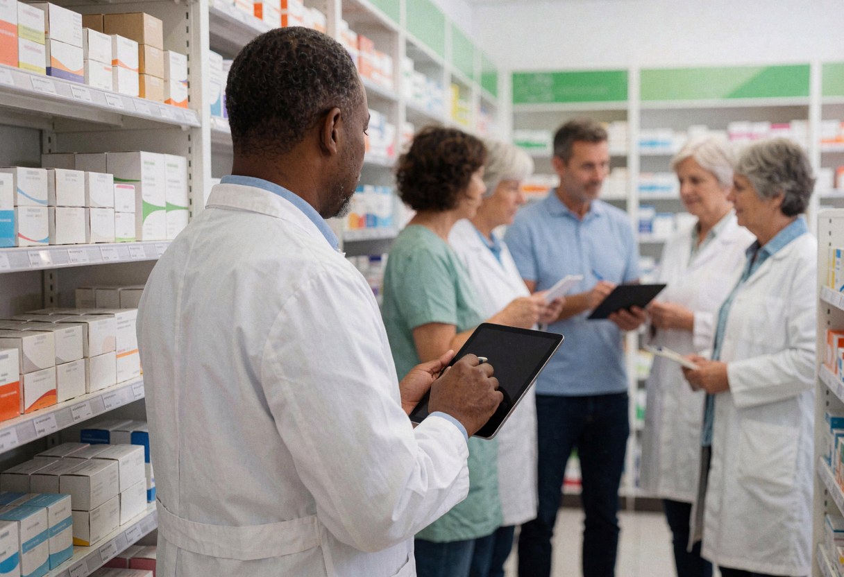 Un pharmacien examine ses stocks à l'aide d'une tablette dans une pharmacie, tandis que des clients observent depuis l'arrière-plan.
