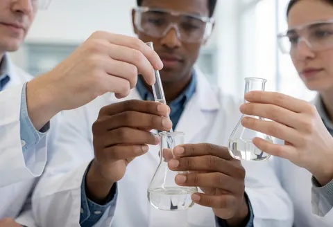 Trois étudiants réalisent une expérience avec des tubes à essai et des ballons en verre dans un laboratoire universitaire bien éclairé.