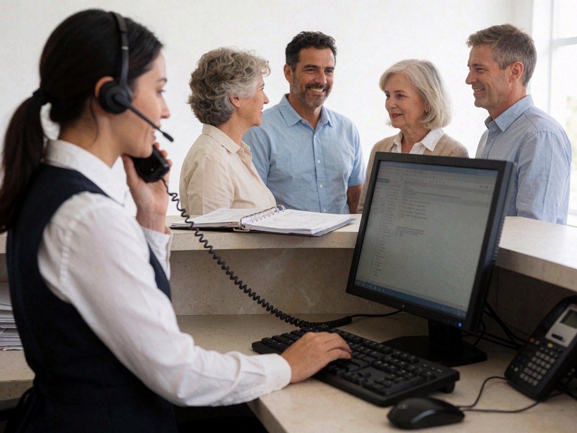 Une réceptionniste utilise un casque et un ordinateur pour répondre à une demande téléphonique d'un client dans un bureau professionnel.