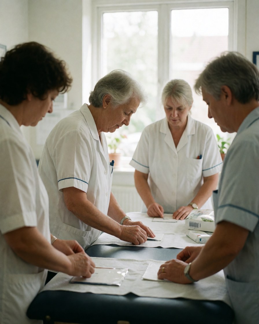 Quatre professionnels de la santé révisent des dossiers sur une table d'examen dans un cabinet lumineux et professionnel.