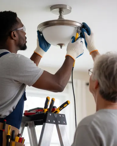 Un électricien professionnel installe un luminaire sur un plafond intérieur en utilisant une échelle et des outils, portant des gants de protection.