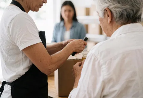 Une vendeuse assiste un client lors d'une transaction en magasin, manipulant des articles près d'un point de vente.
