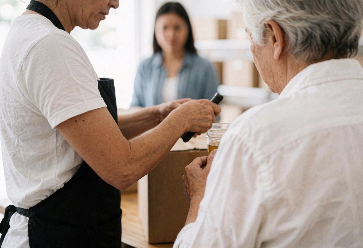 Une vendeuse assiste un client lors d'une transaction en magasin, manipulant des articles près d'un point de vente.