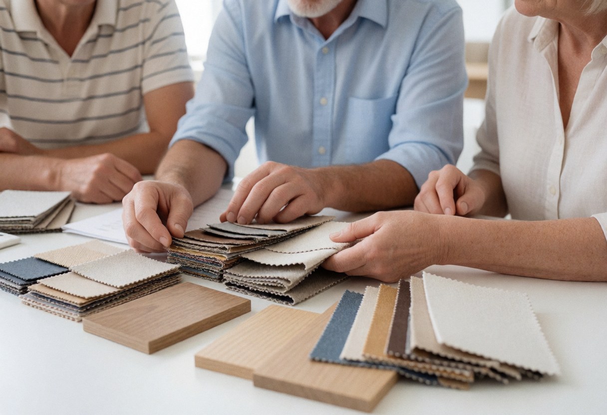 Mains en focus tenant des échantillons de tissu et de bois sur une table blanche dans un showroom professionnel bien éclairé.
