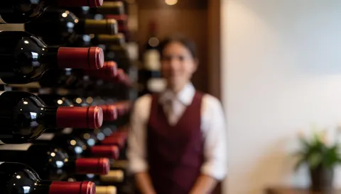 Des bouteilles de vin disposées sur une étagère avec un fond flou, des lumières ambiantes et des tons rouges et marrons, idéal pour un arrière-plan textuel dans un restaurant.