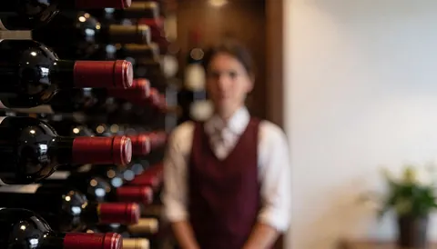 Des bouteilles de vin disposées sur une étagère avec un fond flou, des lumières ambiantes et des tons rouges et marrons, idéal pour un arrière-plan textuel dans un restaurant.