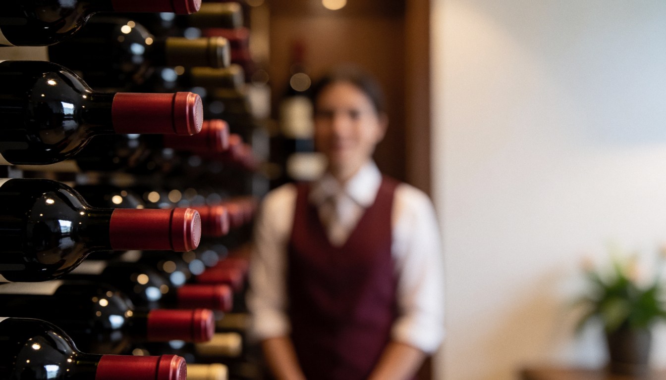 Des bouteilles de vin disposées sur une étagère avec un fond flou, des lumières ambiantes et des tons rouges et marrons, idéal pour un arrière-plan textuel dans un restaurant.