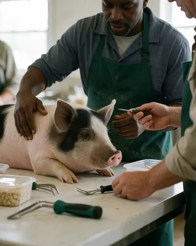 Un vétérinaire examine un petit porc posé sur une surface propre, entouré d'outils de soins vétérinaires dans un contexte agricole.